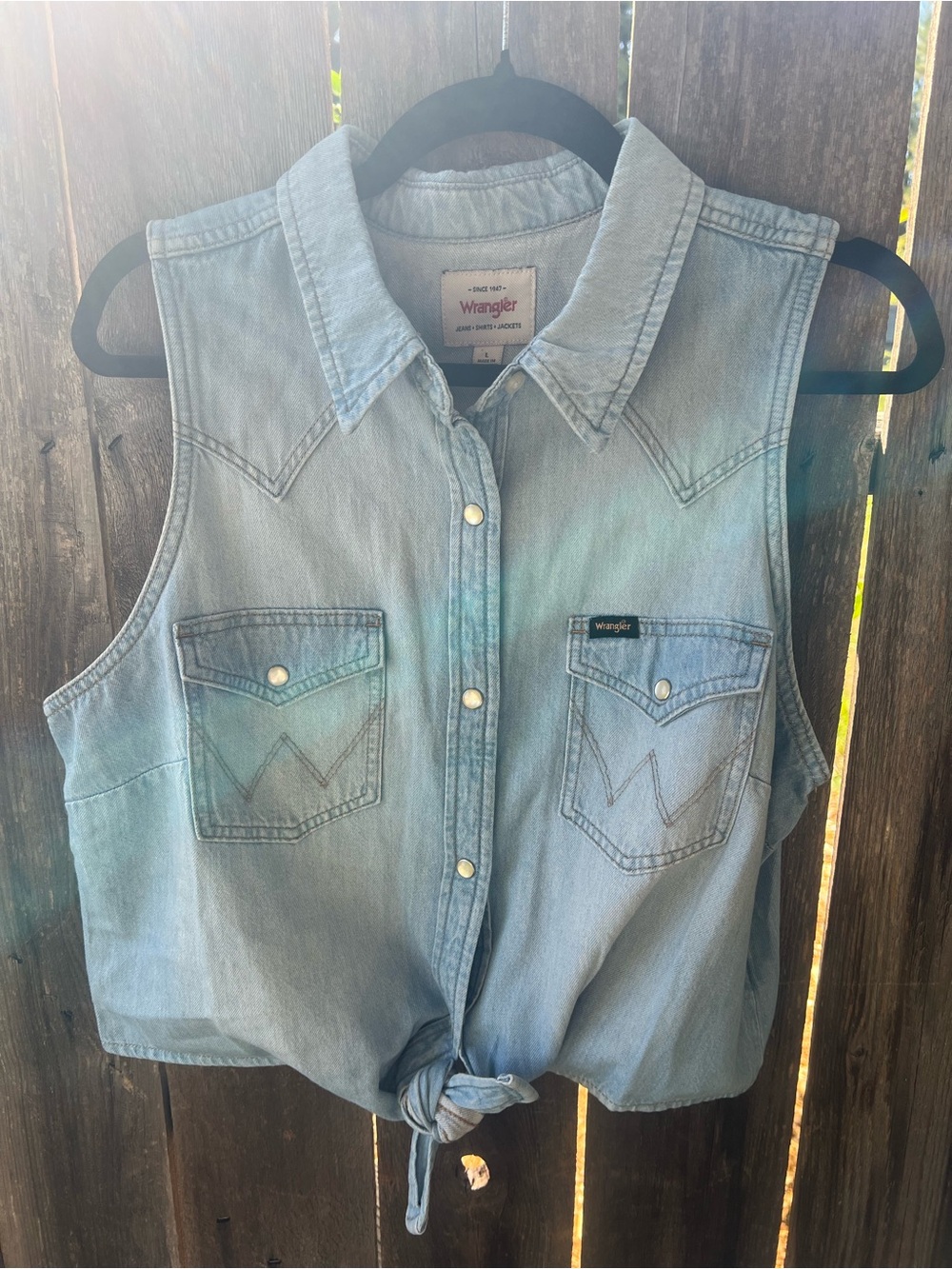 Wrangler Light Blue Denim Sleeveless Tie-Front Button Shirt